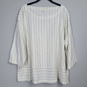 Eileen Fisher Womens Striped Bateau Neck Top Large Cream Tencel Lagenlook Gauze